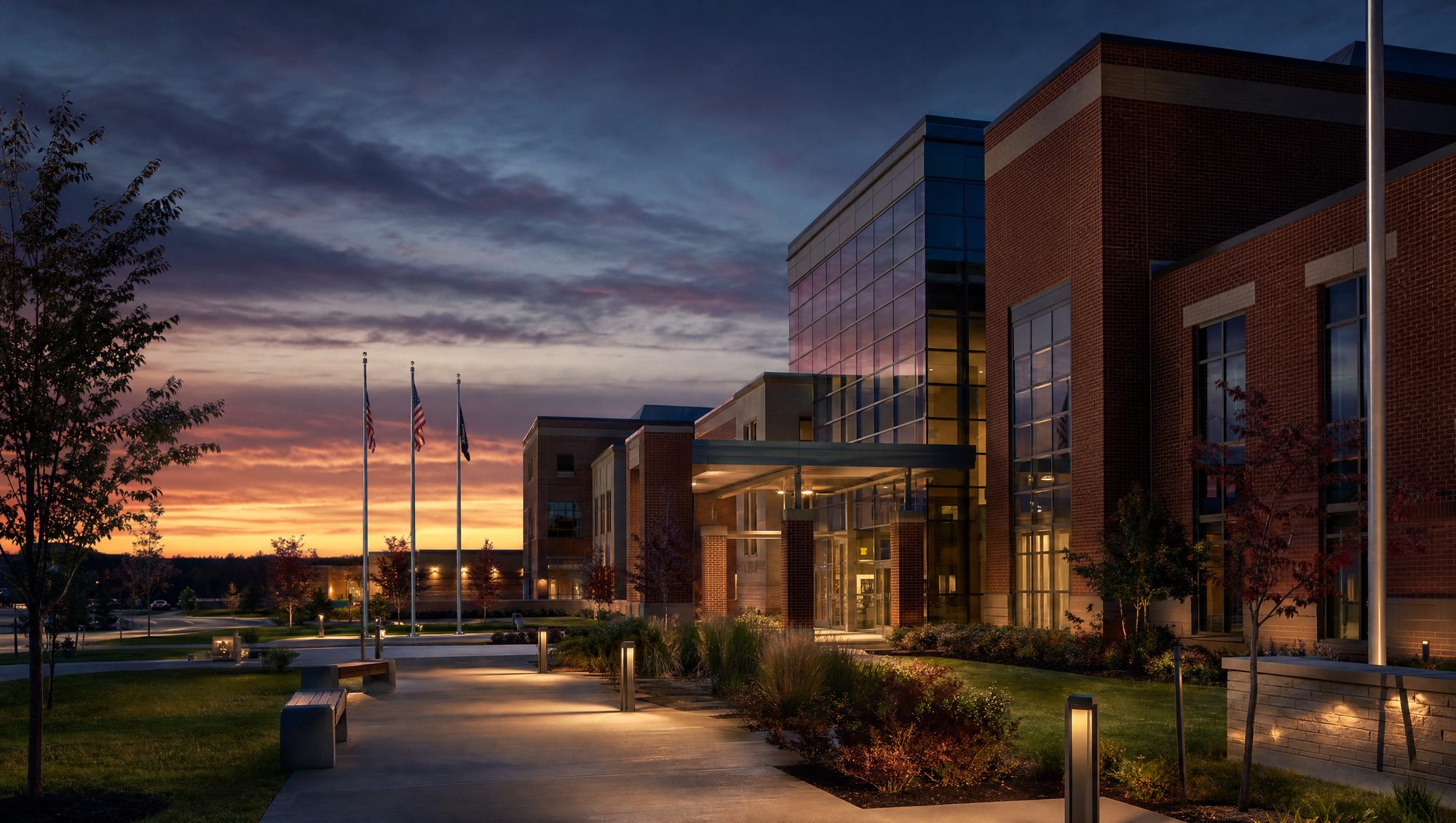 Quiet medical campus at dusk